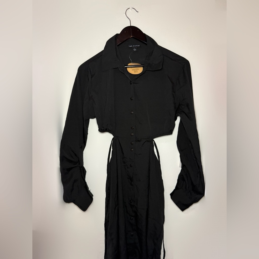 Black Cut-Out Midi Shirt Dress With Waist Tie